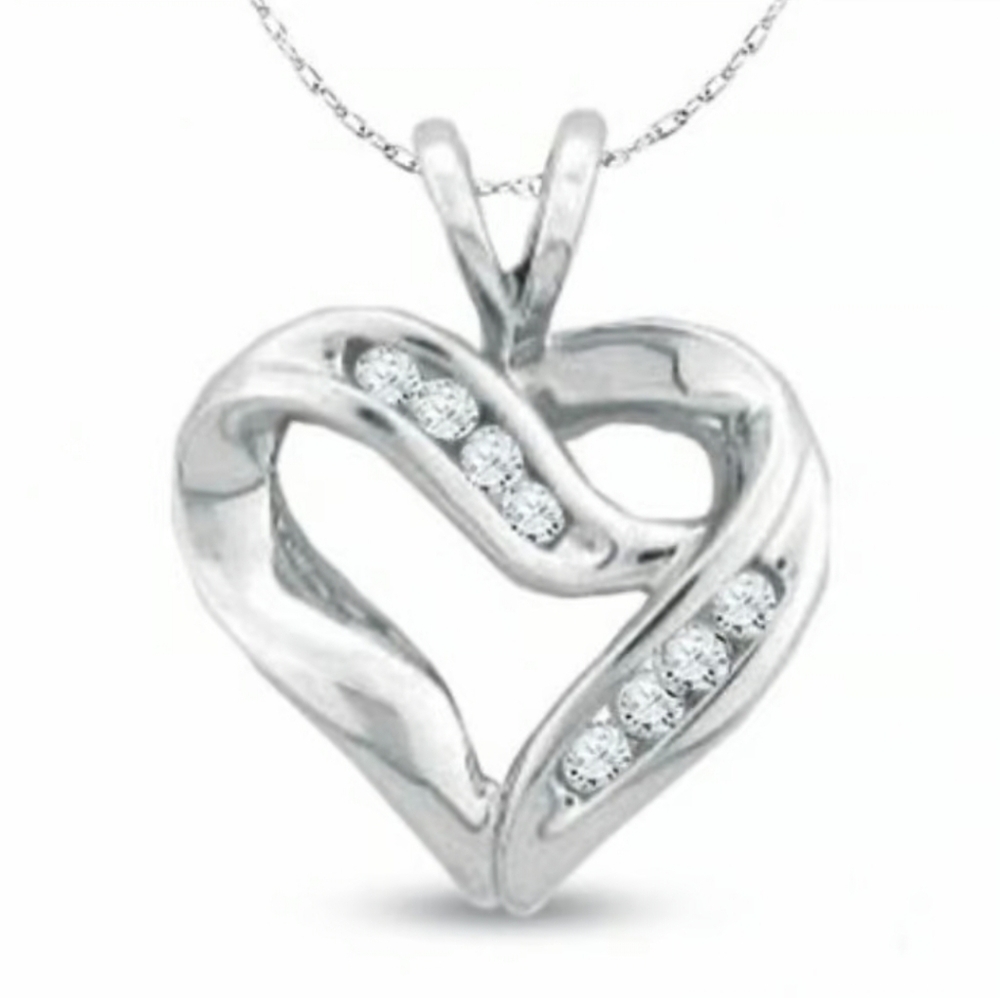 10k Solid Genuine Diamond Heart Crossover Pendant With Chain White Gold